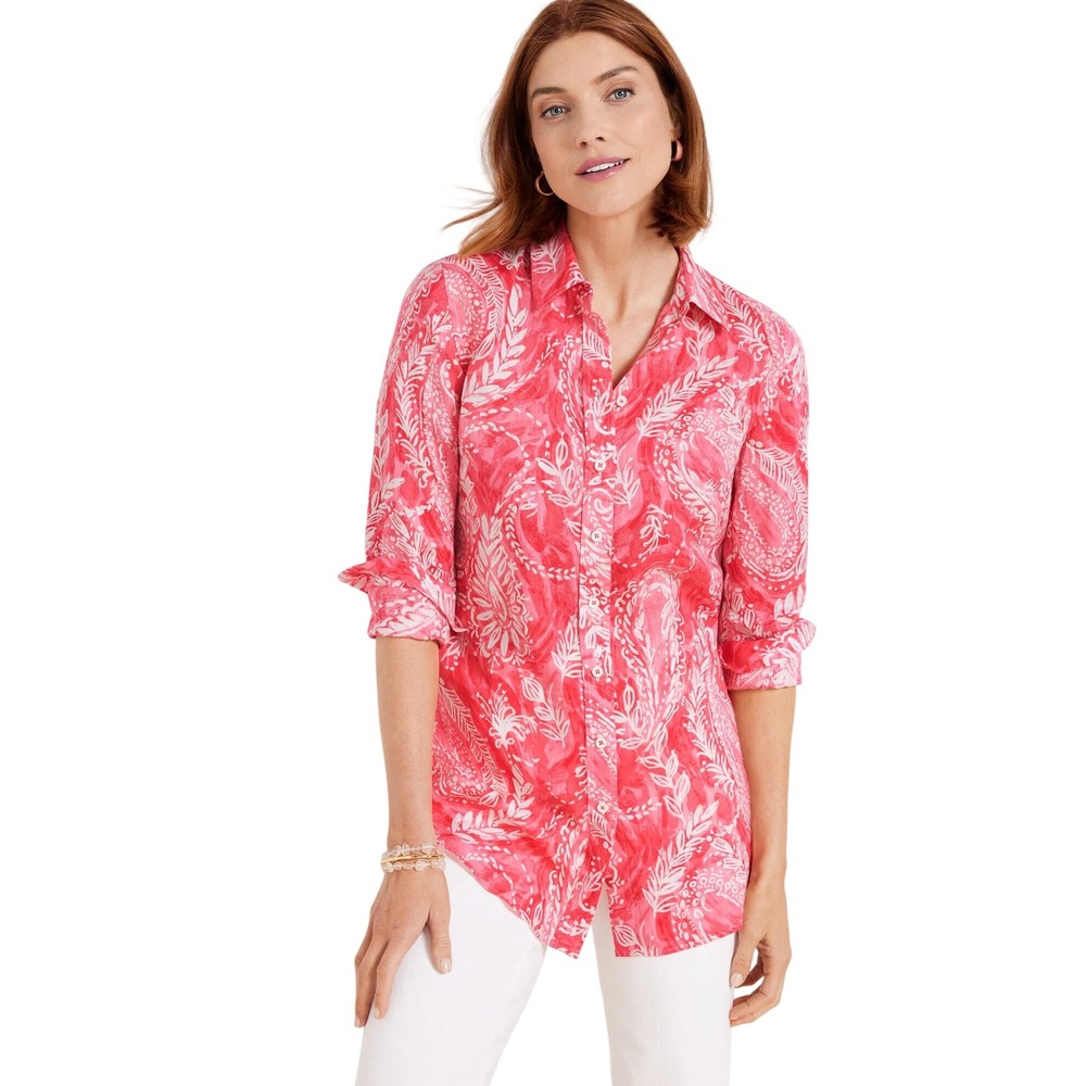 Talbots Linen Boyfriend Shirt Women XL Pink Brushed Paisley Coastal Preppy